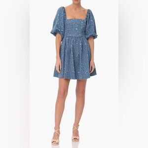 Avec Les Filles Blue Floral Puff-Sleeve Mini Dress